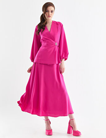 Balon Kol Kruvaze Bluz Etek Takım-Fuşya | 42