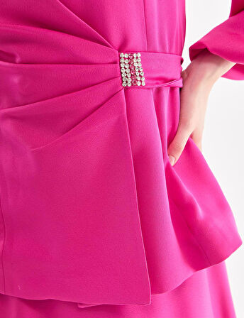 Balon Kol Kruvaze Bluz Etek Takım-Fuşya | 42