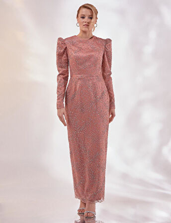 Taşlı Gigot Kol Abiye-Pudra | 38