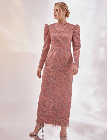 Taşlı Gigot Kol Abiye-Pudra | 38