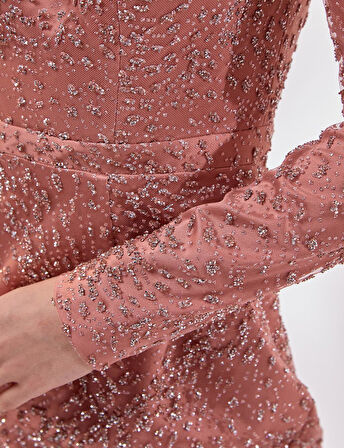 Taşlı Gigot Kol Abiye-Pudra | 38