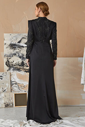 Kadın Taş İşlemeli Kruvaze Abiye Elbise - Siyah | 44