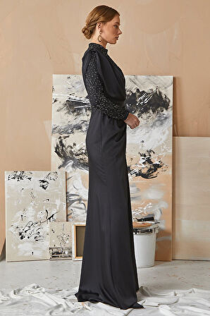 Kadın Taş İşlemeli Kruvaze Abiye Elbise - Siyah | 44