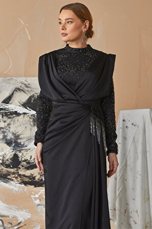 Kadın Taş İşlemeli Kruvaze Abiye Elbise - Siyah | 44