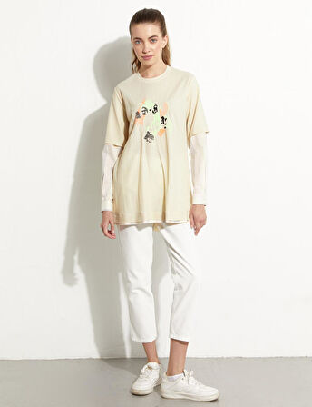 Baskılı Katmanlı Sweat-Krem | 36
