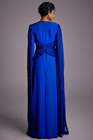 Kadın Tül Detaylı Drapeli Abiye Elbise - Saks Mavi | 38