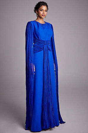 Kadın Tül Detaylı Drapeli Abiye Elbise - Saks Mavi | 38