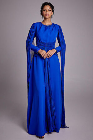 Kadın Tül Detaylı Drapeli Abiye Elbise - Saks Mavi | 44