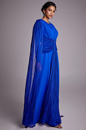 Kadın Tül Detaylı Drapeli Abiye Elbise - Saks Mavi | 44