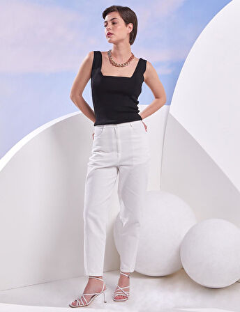 Yüksek Bel Mom Jean-Optik Beyaz | 40