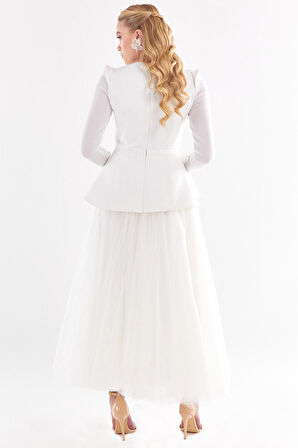 Kadın Tül Etekli Abiye Elbise - Ekru | 38