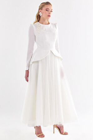 Kadın Tül Etekli Abiye Elbise - Ekru | 38