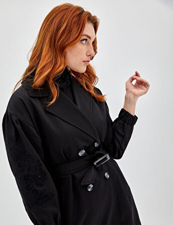 Kadın Nakışlı Lazer Kesim Trençkot - Siyah | 44