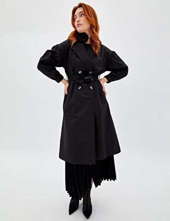 Kadın Nakışlı Lazer Kesim Trençkot - Siyah | 44