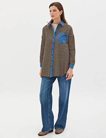 Kadın Kareli Denim Garnili Tunik Koyu Kahve -Krem | 42