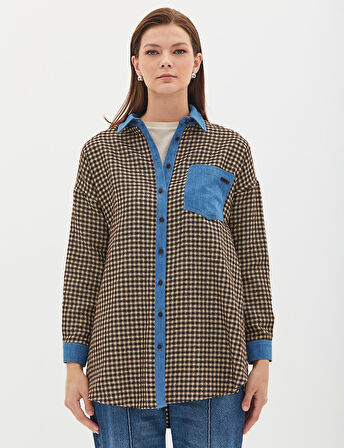 Kadın Kareli Denim Garnili Tunik Koyu Kahve -Krem | 44