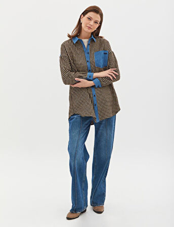 Kadın Kareli Denim Garnili Tunik Koyu Kahve -Krem | 44