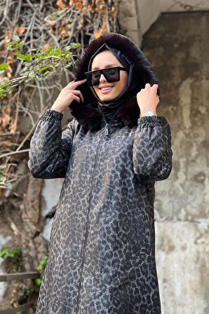 KAYRA Leopar Desen Suni Kürklü Mont KY-A23-87003 Siyah