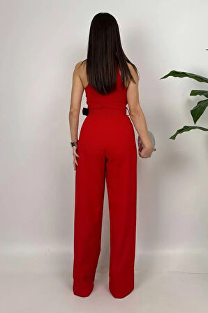 Amber Kadın Kemer Detaylı Askılı Bol Paça Kırmızı Tulum – Rahat Şık Yazlık Kombin