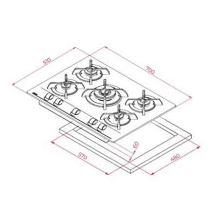 Tecna 8471 5 Gözlü Döküm Izgara 70 Cm Siyah Ankastre Ocak