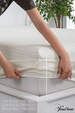 %100 Pamuk Çizgili Saten Tek / Çift Kişilik Lastikli Çarşaf Seti |100x200|160x200|180X200