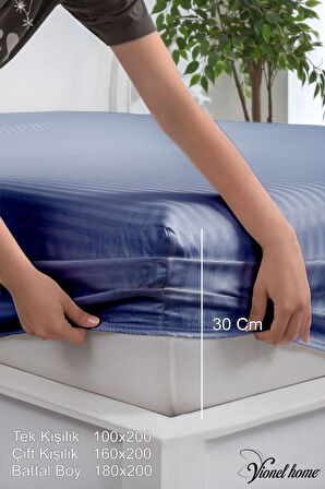 %100 Pamuk Çizgili Saten Tek / Çift Kişilik Lastikli Çarşaf Seti |100x200|160x200|180X200