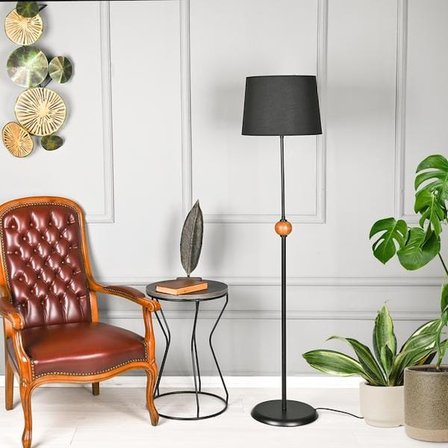 Safir Light Ahşap Detaylı Metal Lambader - Siyah - 155x37x37 cm