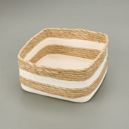 Simple Living Boho Style Büyük Kağıt İp Sepet - Bej / Beyaz - 28x28x14 cm