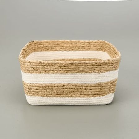 Simple Living Boho Style Büyük Kağıt İp Sepet - Bej / Beyaz - 28x28x14 cm