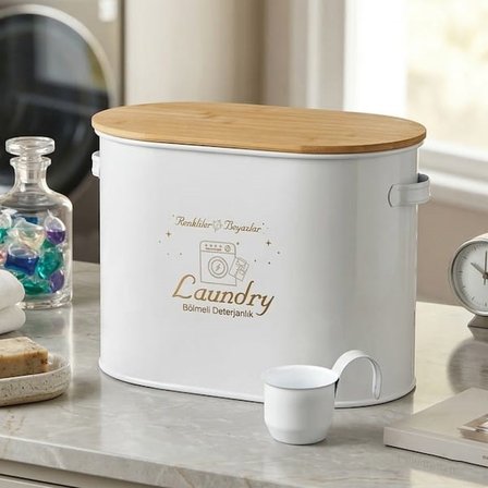 Evidea Bath 2 Bölmeli Ahşap Kapaklı Metal Deterjan Kutusu - Beyaz - 12 lt
