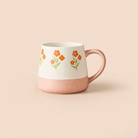 Evidea Kitchen Turuncu Çiçekli Seramik Kupa - Beyaz - 500 ml