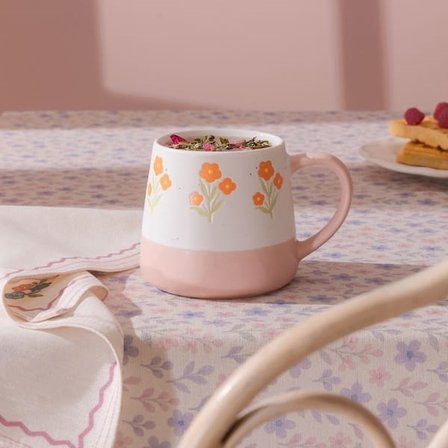 Evidea Kitchen Turuncu Çiçekli Seramik Kupa - Beyaz - 500 ml