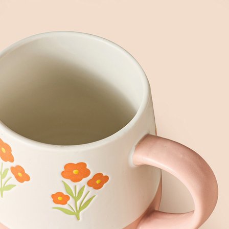 Evidea Kitchen Turuncu Çiçekli Seramik Kupa - Beyaz - 500 ml