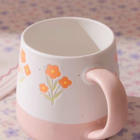 Evidea Kitchen Turuncu Çiçekli Seramik Kupa - Beyaz - 500 ml