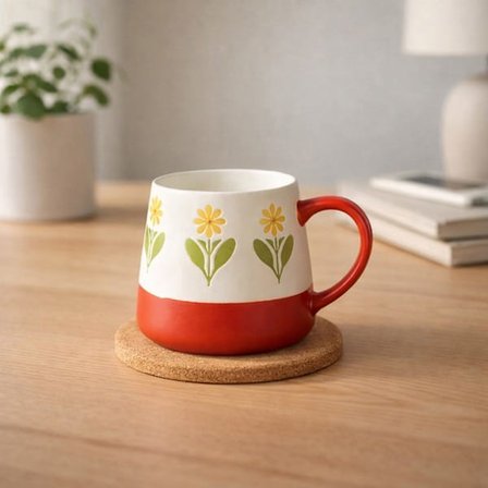 Evidea Kitchen Sarı Çiçekli Seramik Kupa - Beyaz - 500 ml