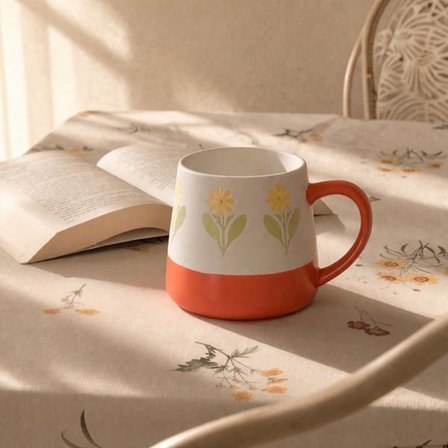 Evidea Kitchen Sarı Çiçekli Seramik Kupa - Beyaz - 500 ml