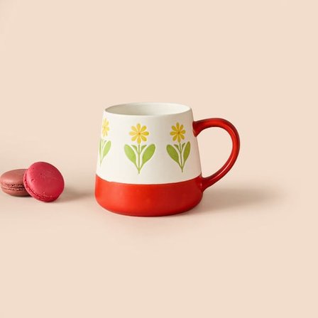 Evidea Kitchen Sarı Çiçekli Seramik Kupa - Beyaz - 500 ml