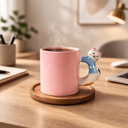 Evidea Kitchen Kitty Desenli Seramik Kupa - Pembe - 450 ml