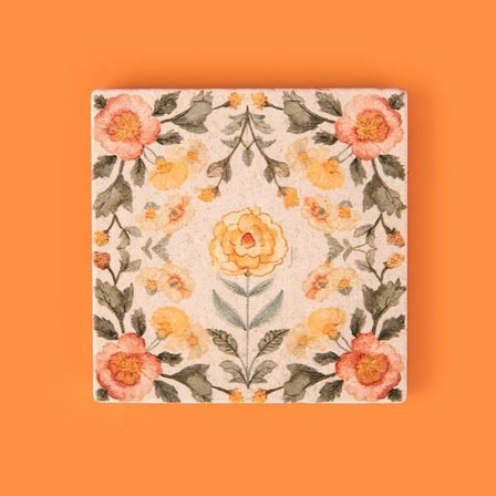 Evidea Kitchen Turuncu Çiçekli Taş Bardak Altlığı - Renkli - 10x10 cm
