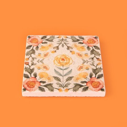 Evidea Kitchen Turuncu Çiçekli Taş Bardak Altlığı - Renkli - 10x10 cm