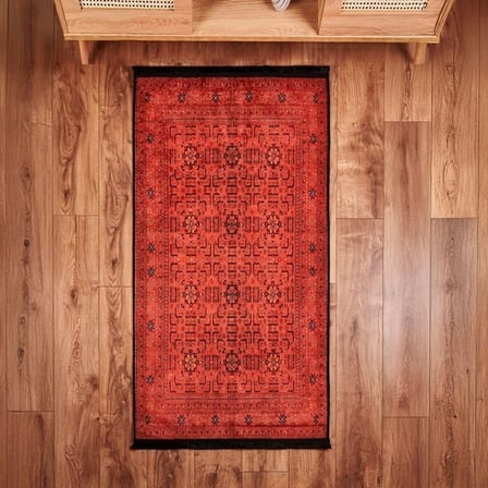 Evidea Soft Atlas Afgan Desenli Halı - Kırmızı - 80x150 cm