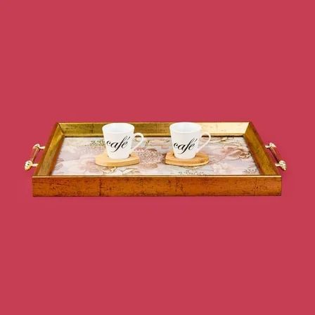 Evidea Kitchen Kuş ve Çiçek Desenli Ahşap Dikdörtgen Tepsi - Renkli - 43 cm