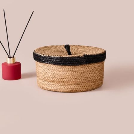 Simple Living Mustard Kapaklı Örgü Sepet - Bej / Siyah - 22x11 cm