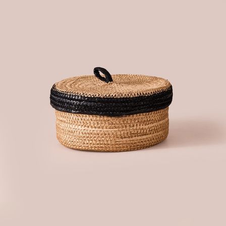 Simple Living Mustard Kapaklı Örgü Sepet - Bej / Siyah - 19x9 cm