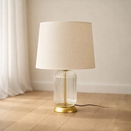 Evidea Lighting Gold Metal Detaylı Kumaş Başlıklı Cam Ayaklı Abajur - Bej - 52 cm