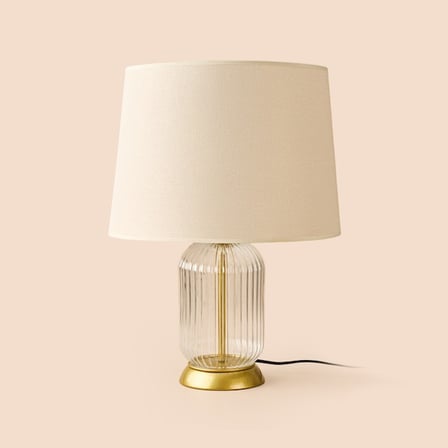 Evidea Lighting Gold Metal Detaylı Kumaş Başlıklı Cam Ayaklı Abajur - Bej - 52 cm