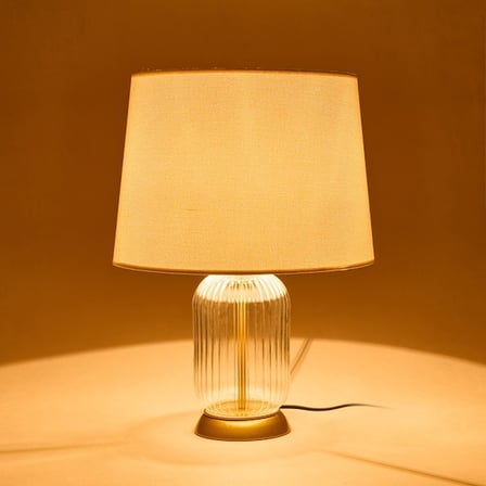 Evidea Lighting Gold Metal Detaylı Kumaş Başlıklı Cam Ayaklı Abajur - Bej - 52 cm