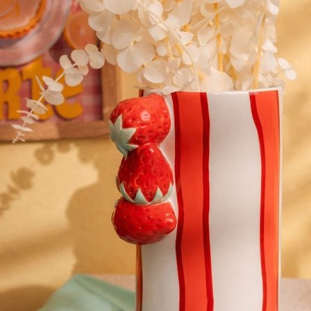Evidea Deco Çizgili Çilek Vazo - Kırmızı - 23x11 cm