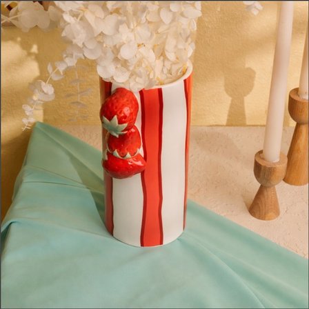 Evidea Deco Çizgili Çilek Vazo - Kırmızı - 23x11 cm