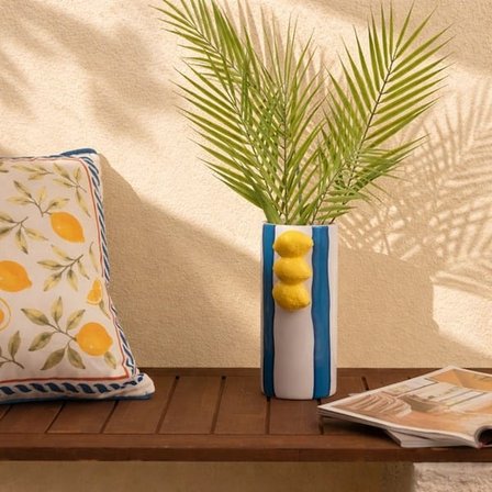 Evidea Deco Çizgili Limon Vazo - Mavi / Krem- 23x11 cm